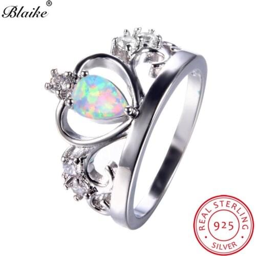 Blaike Real 925 Sterling Silver White Fire Opal Crown Rings For Women Vintage Fashion Heart Design Birthstone Ring Fine Jewelry