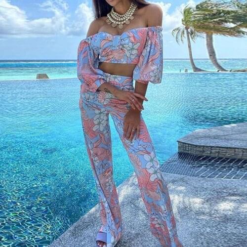 Print Vintage Pant Suit Sexy Casual Fashion Off Shoulder Strapless T Shirt Wide Leg High Waist Pant 2021 Autumn Women Pant Suit