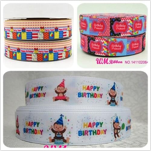 WM ribbon wholesale/OEM 1inch 25mm happy birthday print grosgrain ribbon 50yds/roll free shipping for hair bow hair tie headband