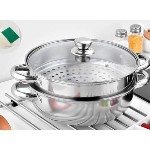 1Pc 28cm Multifunctional Steam Pot Double Layers Stockpot Stainless Steel Steamer Cooking Boiler Silver