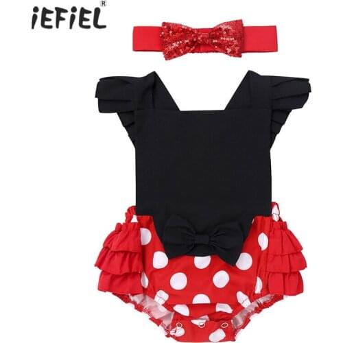 Infant Baby Girls Christmas Romper Costume Outfits One-Piece Polka Dots Printed Ruffled Backless Romper Jumpsuit with Headband