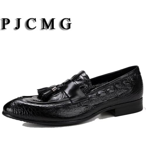 PJCMG High Quality Crocodile Black/Red Tan Summer Loafers Dress Genuine Leather Casual Dress Wedding Shoes With Tassel