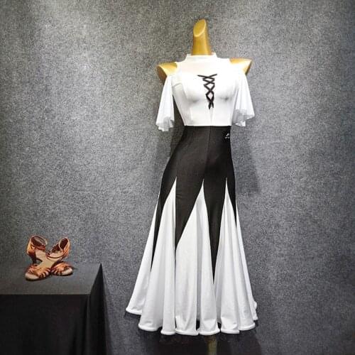 Black-white color Ruffle sleeve Ballroom Dance Dress Practice Clothes Modern dance one piece group clothes Flamenco rumba