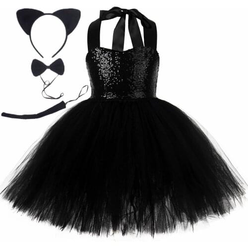 Sequins Black Cat Tutu Dress Outfit Girl Birthday Party Dress Ball Gown Kids Girls Halloween Carnival Animal Cosplay Costumes