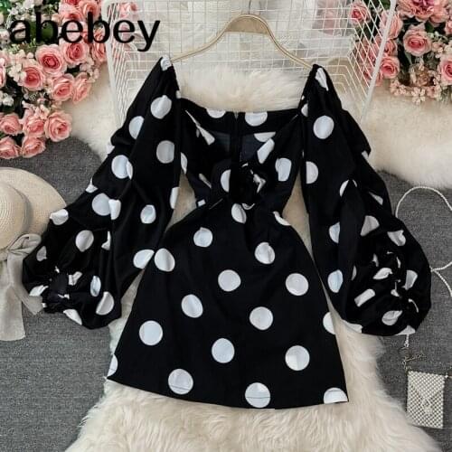 2021 New Summer Temperament V-neck Lantern Sleeve Dress high waist knot pleated waist polka dot print short Dress