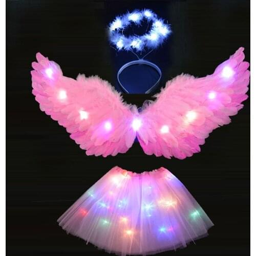 Adult Children Angel Wing Headband Tutu Skirts LED Light Party Cosplay Dance Show Glow Carnival Wedding Costume