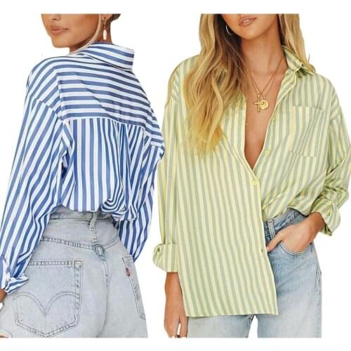 Women’s Oversized Boyfriend Shirts, Long Sleeve Striped Print Loose Button Down Tops Spring Autumn