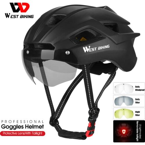 WEST BIKING Bicycle Helmet With Taillight Rechargeable Goggles Sun Visor Lens Cycling Helmet MTB Road Sport Safe Breathable Hat