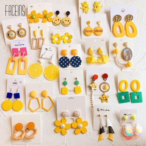 FACEINS Vintage Ring Earrings Flower For Women Stud Pendant Ear Ring Female Statement Earrings Yellow For Summer Earring Jewelry