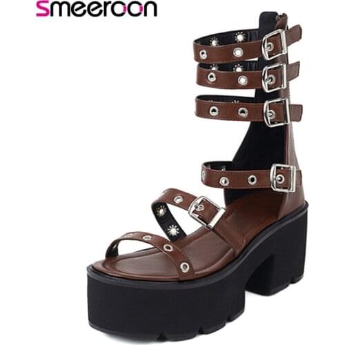 Smeeroon 2021 Big Size 44 High Heels Platform Shoes Women Sandals Buckle Rivet Fashion Punk Shoes Ladies Gladiator Sandals