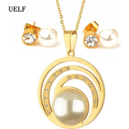 UELF Vintage Jewelry Sets for Women Gold Color Metal Round Pendant Necklace Statement Earrings Wedding Party Jewellery Gift