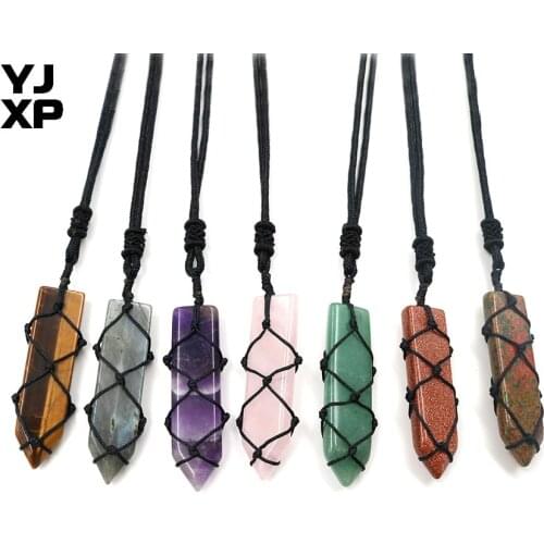 YJXP Black Hemp Wrapped Sword Shaped Pendant Necklaces Natural Crystal Quartzs Stone Boho Macrame Charms Anxiety Relief Jewelry