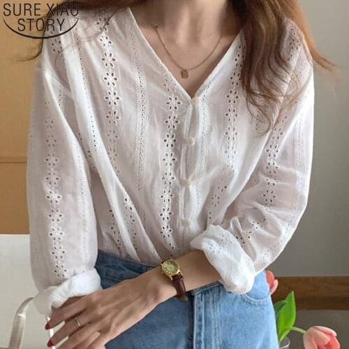 2021 Summer White Blouse Women Korean Fashion Tops Elegant Embroidered Hook Flower V-neck Cotton Shirt Solid Blusas New 14765
