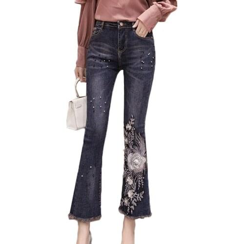 2020 New Autumn Jeans Womens Vintage Embroidery Nail bead Elastic Denim Ninth Pants Slim Female Plus Size Flare Pants AH199