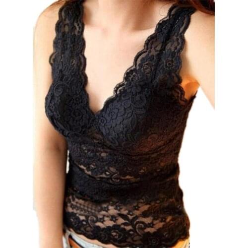 Women Sexy Solid Color Deep V Neck Lace See Through Padded Vest Slim Tank Top