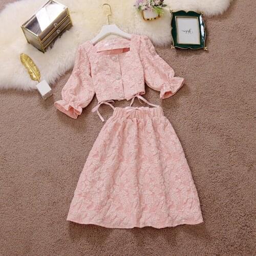 2021 Summer New Women Sweet Square Collar Jacquared Short Top+High Waist Umbrella Skirt Office Lady Elegant Solid Two Piece Set