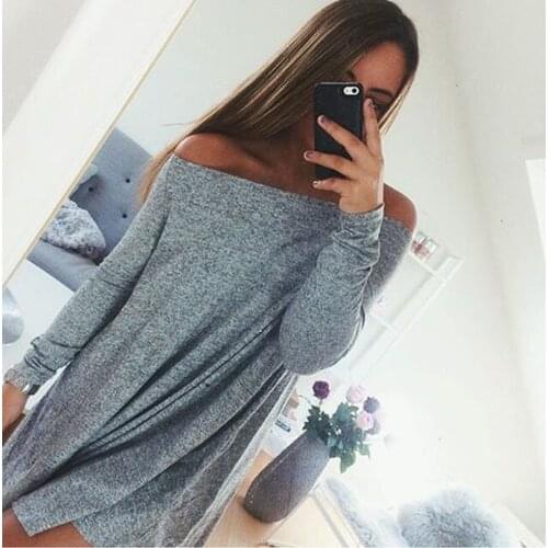 Women Clothes 2018 Cotton Dress Strand Jurkje Thin Loose Gray Off Shoulder Slash Neck Long Sleeve Casual Vestido Mini Fall Dress