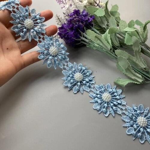 1 yard Blue Pearl Beaded Embroidered Flower Lace Ribbon Trim Floral Applique Patches Fabric Sewing Craft Vintage Wedding Dress