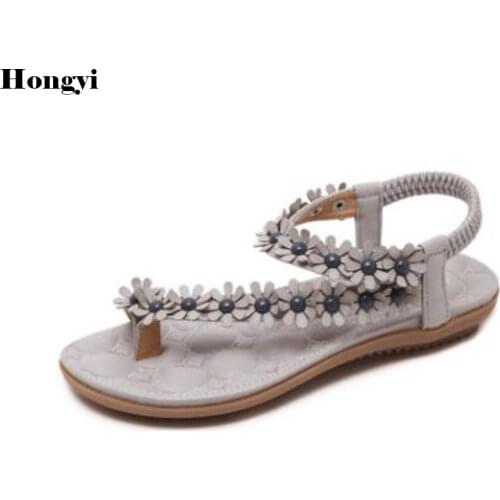 2018 Elegant Women Flats Sandals Beading Flower Open Toe Rivet Flats Slippers Holiday Club Shoes Woman Footwear Size 35-42