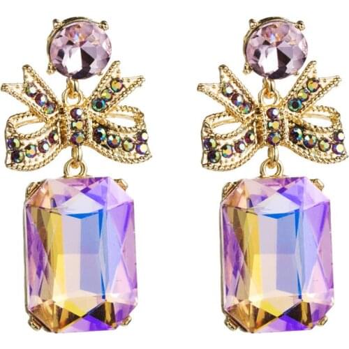 2020 Alloy Inlay Rhinestone Bow Long Earrings Women Geometric Square Glass Earrings Female Statement ZA Earrings Indian Jewelry