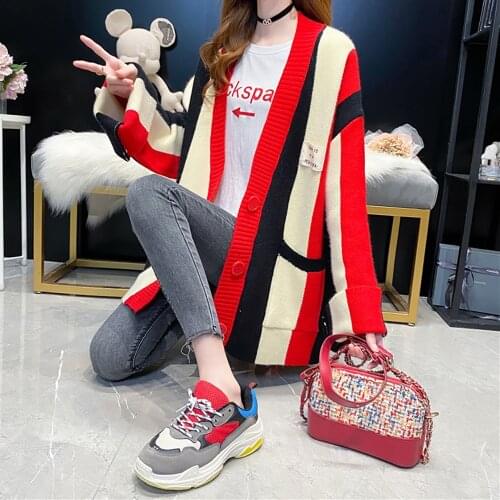 2021 Autumn Striped Loose Large Size Lazy Volor-Blocking Knitted Cardigan Womens Clothing Korean Fashion Version Wind Sweater