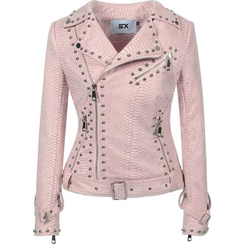 3XL Pink Motorcycle Biker Faux Leather Jacket Large Size Women Fall Spring Female Black Zipper Rivet Punk Short PU Coat Clothes