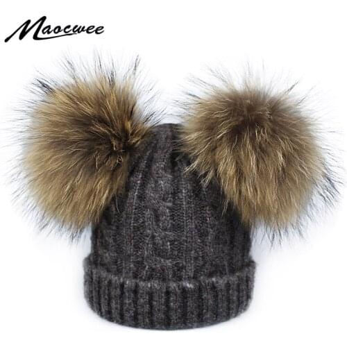 Children Hats Beanies Pompom Hat Crochet Knitting Winter Warm Wool Skulies Cap Boy Girl Kid Solid White Caps Raccoon Fur
