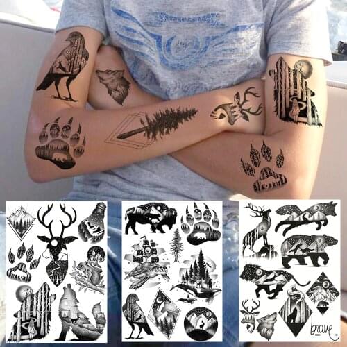 Black Mountain Fake Temporary Tattoos For Men Women Fashion Wolf Deer Universe Tattoo Waterproof Diamond Body Armbands Art Sheet