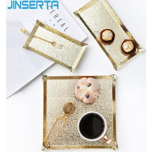 JINSERTA Metal Serving Tray Jewelry Display Plate Cosmetic Organizer Luxury Dessert Fruit Cake Snack Plate Desktop Decor Tray