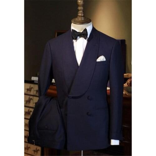 Classic Navy Blue Wedding Groom Tuxedos For Men Prom Party Double Breasted Slim fit Men Suits Best Man Blazer Pants 2 Pieces