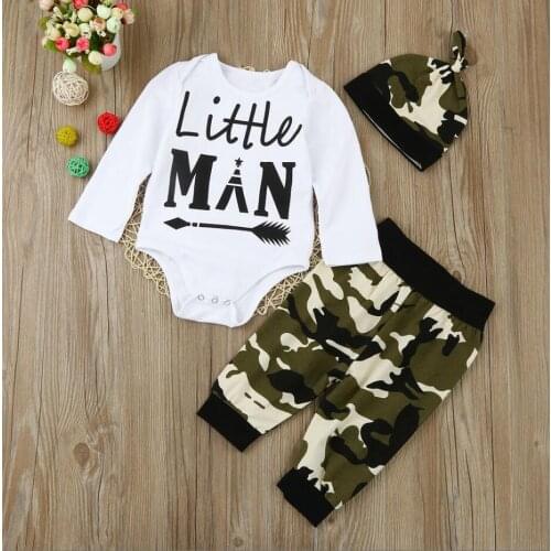 3pcs Set Newborn Infant Baby Boy Clothes Little Man Printed Tops bodysuit +Pants+Hat Outfits Baby boy clothing