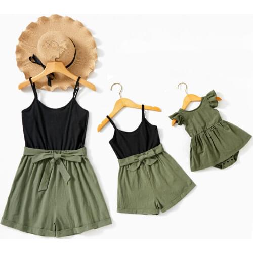 PatPat 2021 New Summer Black and Green Solid Splice Print Sling Rompers(Ruffle Tank Romper for Baby Girl)