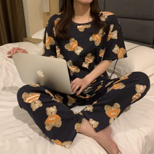 Cute Sleepwear Womens Pajama Sets Women Cartoon Print Short Sleeve Round Neck Tee and Pants Pajama Set pj set Pyjamas For Women
