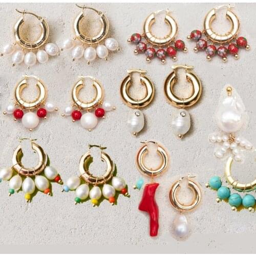 Fashion jewelry freshwater pearl red-toned lacquered accents hoop earrings boucle d'oreille femme 2021 oorbellen voor vrouwen