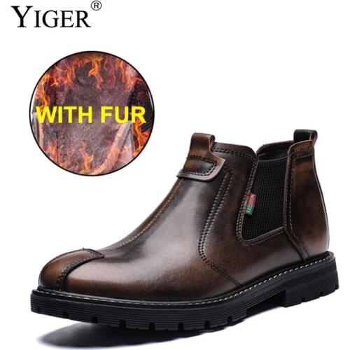YIGER New Men Chelsea boots Genuine leather men Martins boots man ankle boots winter warm with fur male slip-on Brush shoes 239