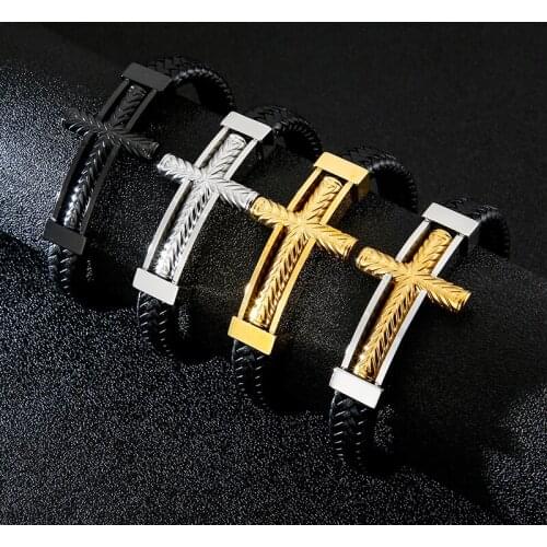 Stainless Steel Ethiopian Gold Cross Charm Bracelet Men 21cm Vintage Cowhide Leather Armband Male Bangle Jewellry For Man