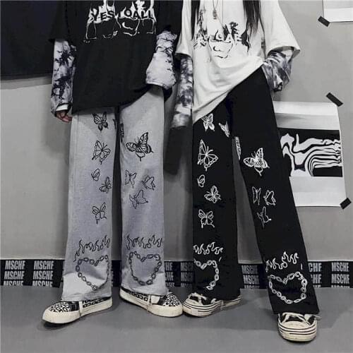 Autumn Winter Pants Women Men Clothes 2021 Korean Harajuku Style Retro Butterfly Print Wide-leg High-waist Casual Trousers