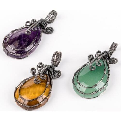 Natural Hand-Wound Copper Wire Pendant Chain Necklace Retro Water Drop Healing Crystal Wire Wrapped Energy Healing Jewelry