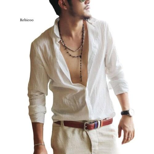 Plus Size Shirts Cotton Linen Men Shirt Long Sleeve Summer Style Hawaiian Shirts Sexy Slim Fit Men Clothes New