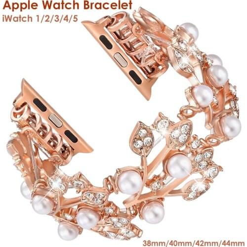 Luxury Woman Elastic Bracelet Strap for Apple Watch iWatch Band 38mm 40mm 42mm 44mm Bling Pearl Beaded Wristband Series 5 4 3 2