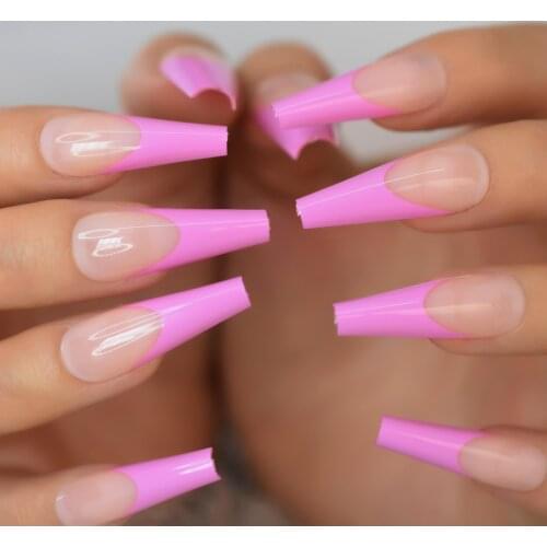 Rose Pink Ballerina Fuchsia Press On Fake Nails With Tips Extra Long Full Cover Acrylic False Nail With Design Manicure