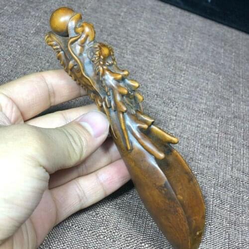Old Collectible Chinese Artwork Boxwood Carved Dragon Head Tea Shovel Statue
