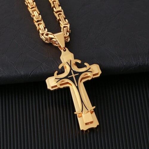 WENDYFO High Quality Gold Color Byzantine Cross Necklace Pendants For Men Stainless Steel Punk Chain Necklaces Male Jewelry Gift