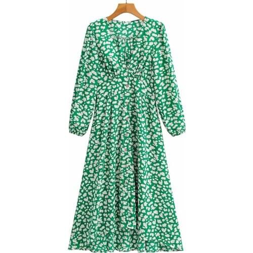 YENKYE Vintage Print Green Long Dress Women Long Sleeve V Neck A-line Summer Vestido Mujer Holiday Ladies Dress