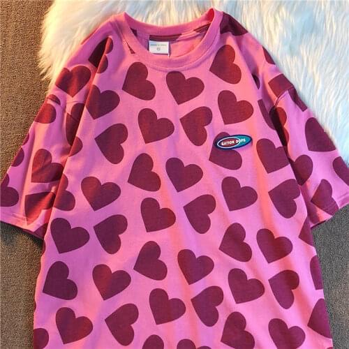 Summer New Style 2021 Korean Version Loose Full-print Love Printing Short-sleeved T-shirt for Women All-match Harajuku Style Top