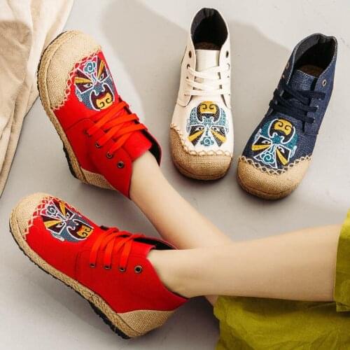 2021 Handmade Women Canvas Embroidered High Top Lace Up Espadrilles Sneakers Autumn Casual Booties Shoes Gray Beige Black