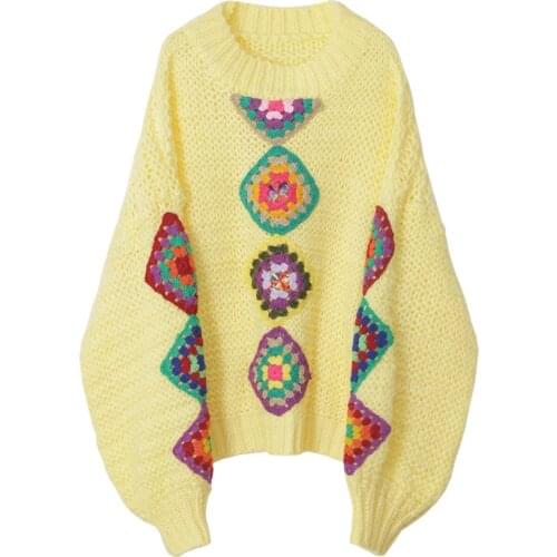 2020 Autmn Winter Sweater Yellow Long Sleeve Crew Neck Flowers S M L
