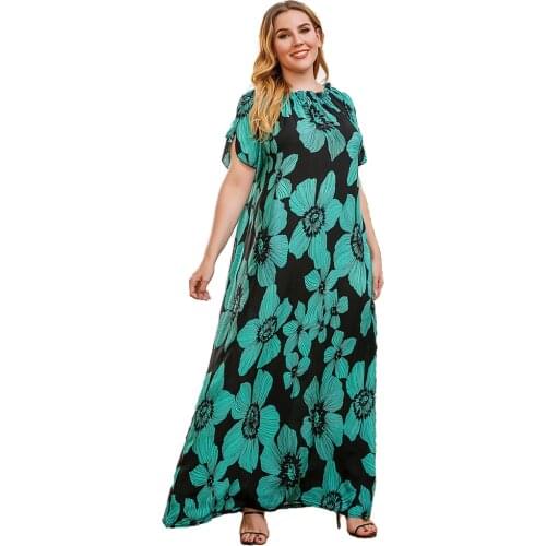 Long Dress Stylish Womens Clothing Summer Female Fat Green Flower Muslim Arabic Robe Elastic Collar O Or Slash Neck Strapless
