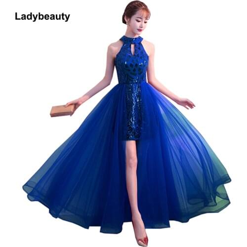 2019 New Evening Dress Sequin Robe De Soiree Tiered Hem Formal Dresses Women Fashion Halter Zipper Long Party Gown