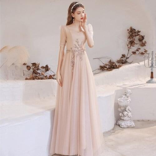 Evening Dress V-Neck Elegant Lace Up A-Line Short Sleeves Sequins Floor-Length Appliques Tulle Woman Formal Party Gowns A1468